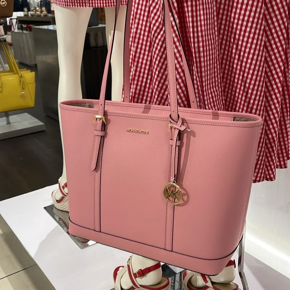 MICHAEL KORS Jet Set Travel Lg Top Zip Shoulder Tote Saffiano Leather Carnation